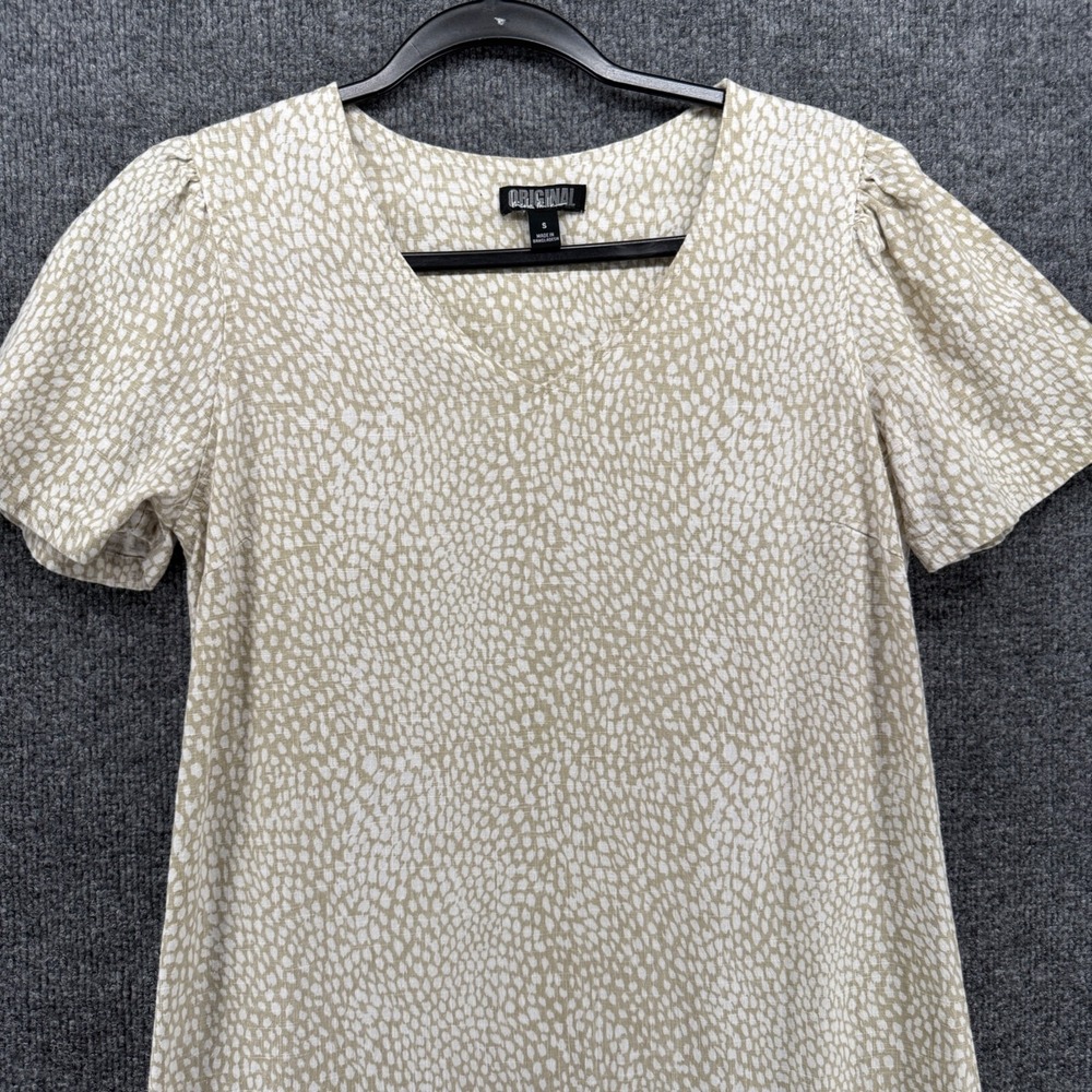 Nicole Miller Dress Womens S Linen Beige Polka Dot V-Neck Shift Coastal Resort - Picture 2 of 8